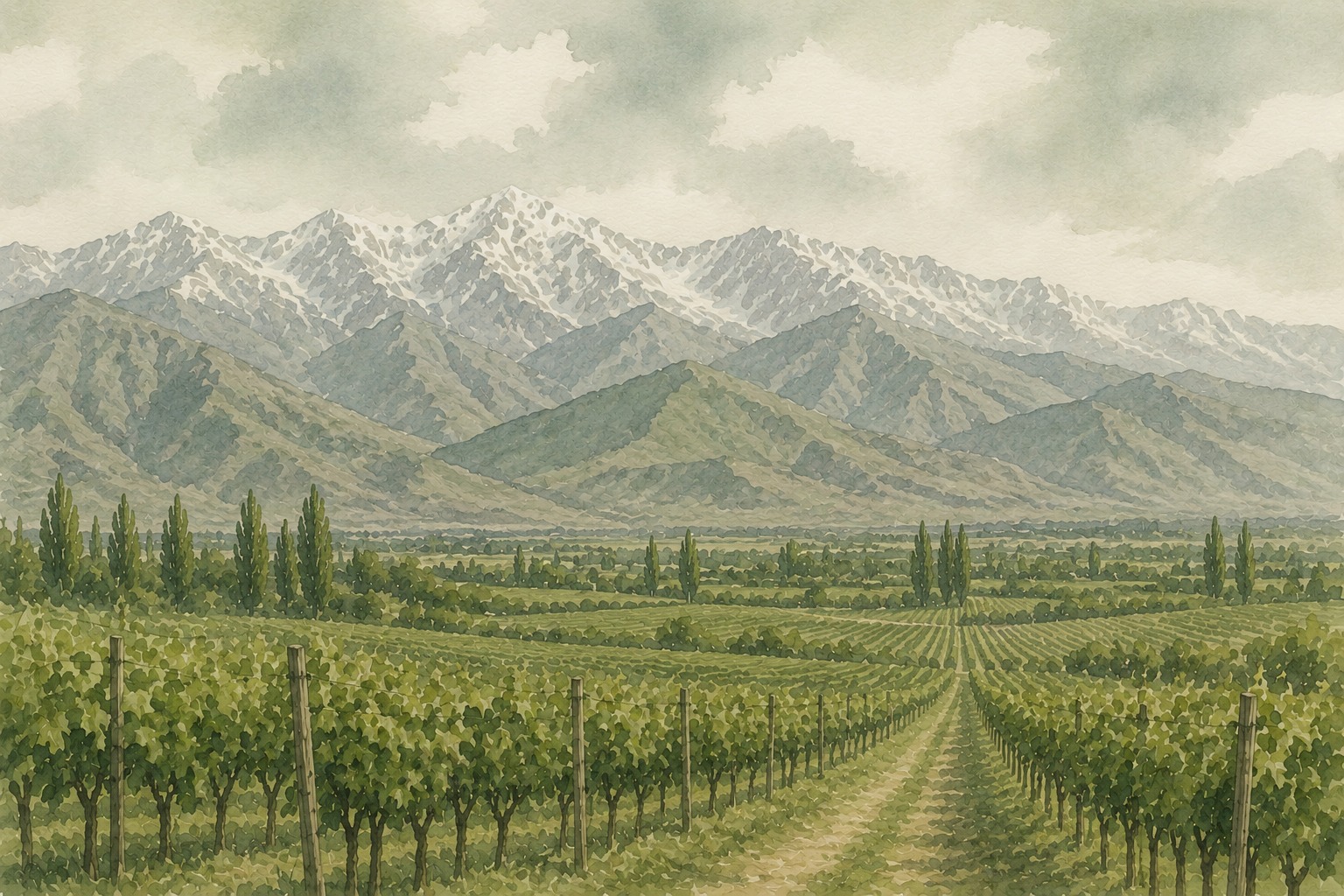 Vinhedos e cordilheira dos Andes em Mendoza