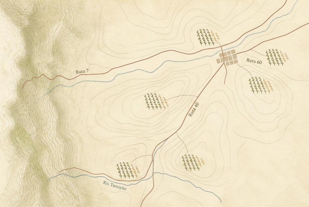 Mapa ilustrado em aquarela da região vinícola de Mendoza, com Cordilheira dos Andes, vinhedos e o rio Mendoza